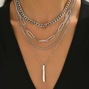 Layered Sterling Silver Chain Necklace Set – 4 Strands with Pendant